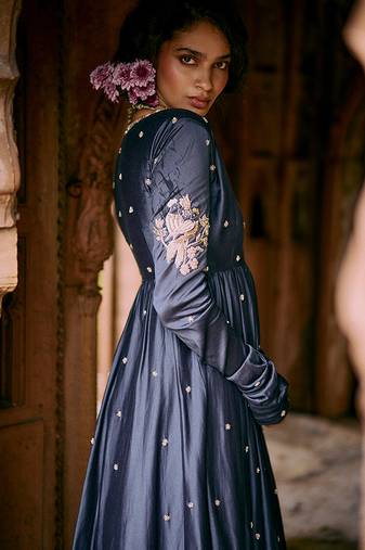 Blue embroidered modal silk kurta set