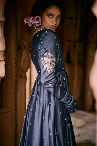 Blue embroidered modal silk kurta set