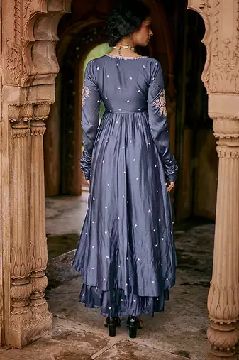 Blue embroidered modal silk kurta set