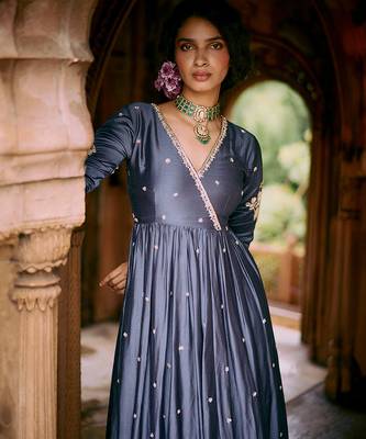Blue embroidered modal silk kurta set 1