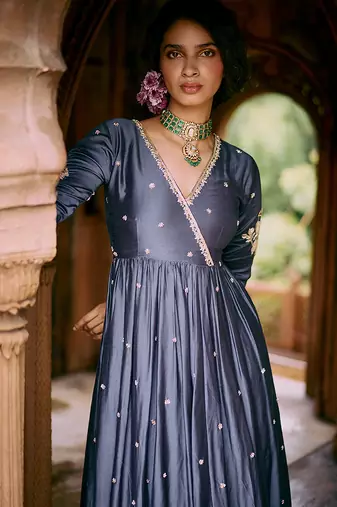 Blue embroidered modal silk kurta set