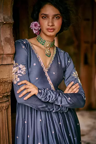Blue embroidered modal silk kurta set