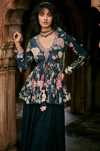 Indigo printed crepe kurta set