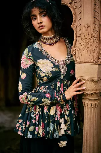 Indigo printed crepe kurta set