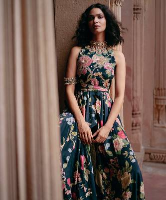 Blue embroidered crepe jumpsuit 1