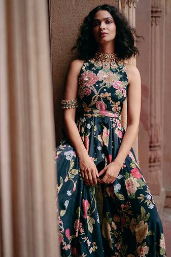 Blue embroidered crepe jumpsuit