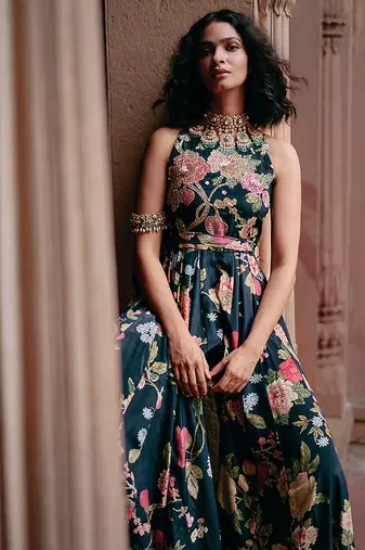 Blue embroidered crepe jumpsuit