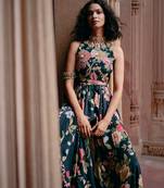 Blue embroidered crepe jumpsuit