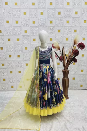 Trendy Chinon Silk Embroidery Sequins Work  Navy Blue Readymade Gown