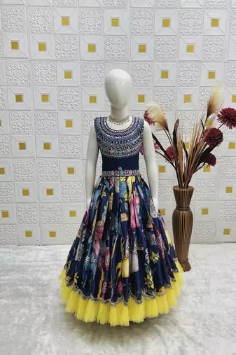 Trendy Chinon Silk Embroidery Sequins Work  Navy Blue Readymade Gown