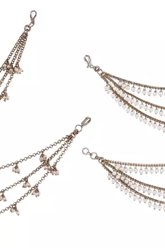 Marvellous 3 string long chain gold plated combo set of 2 pearl ear-chain(kaanchain) for women