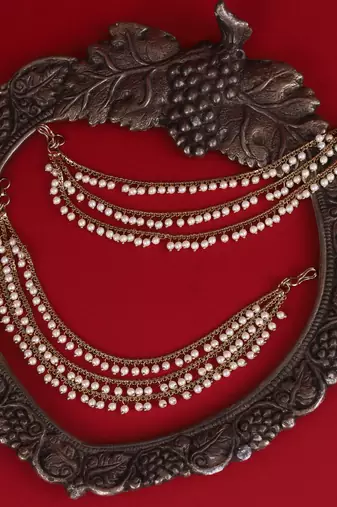 Marvellous 3 string long chain gold plated combo set of 2 pearl ear-chain(kaanchain) for women