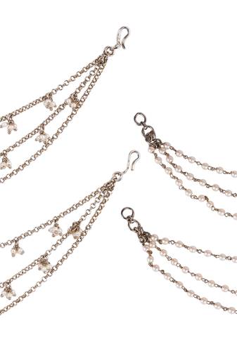 Traditional trendy 3 string long chain gold plated combo set of 2 pearl ear-chain(kaanchain) for women