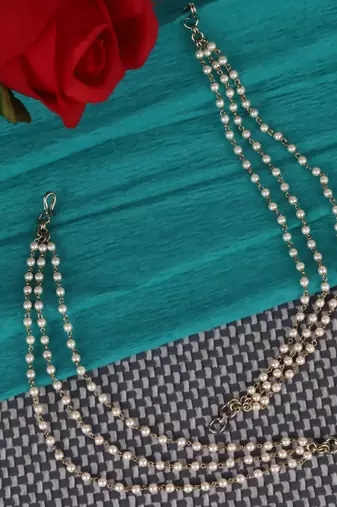 Traditional trendy 3 string long chain gold plated combo set of 2 pearl ear-chain(kaanchain) for women