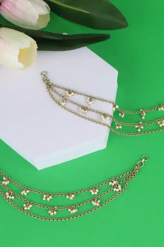 Traditional trendy 3 string long chain gold plated combo set of 2 pearl ear-chain(kaanchain) for women