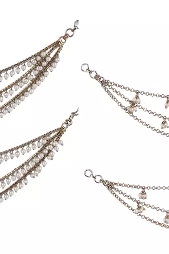 Pleasing 3 string long chain gold plated combo set of 2 pearl ear-chain(kaanchain) for women