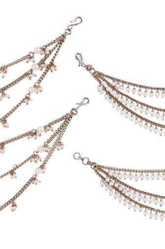 Splendid 3 string long chain gold plated combo set of 2 pearl ear-chain(kaanchain) for women