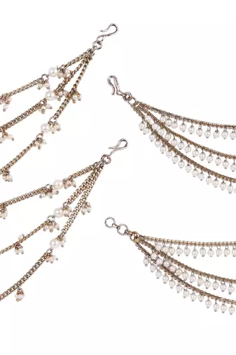 Splendid 3 string long chain gold plated combo set of 2 pearl ear-chain(kaanchain) for women
