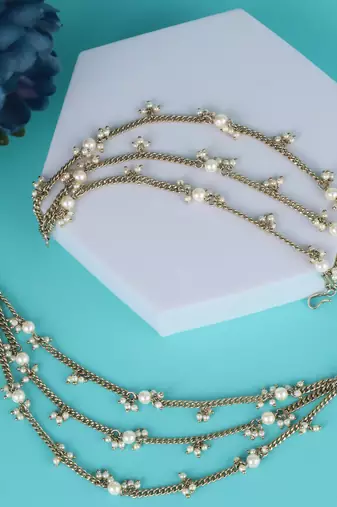 Traditional stylish 3 string long chain gold plated combo set of 2 pearl ear-chain(kaanchain) for women