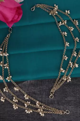 Marvellous 3 string long chain gold plated combo set of 2 pearl ear-chain(kaanchain) for women