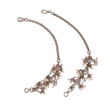 Traditional oval shape long chain gold plated combo set of 2 pearl ear-chain(kaanchain) for women 5