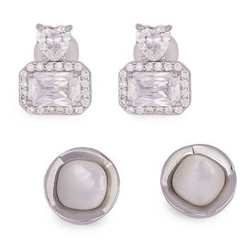 Pretty squire shape studded cz silver plated combo set of 2 stud earring for women 1