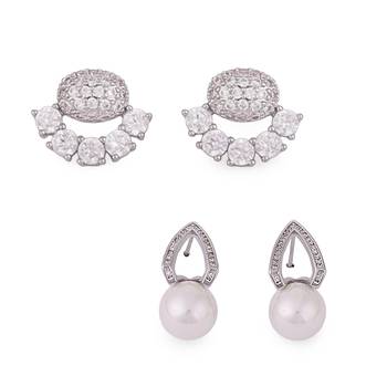 Fancy oval shape studded cz silver plated combo set of 2 stud earring for women 1