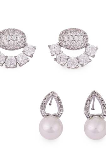 Fancy oval shape studded cz silver plated combo set of 2 stud earring for women