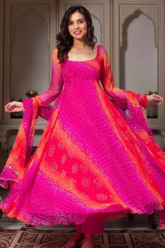 Pink Printed Faux Georgette Fabric Flared Anarkali, Pant and Dupatta Set