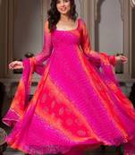 Pink Printed Faux Georgette Fabric Flared Anarkali, Pant and Dupatta Set