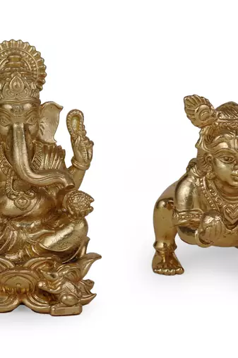 Lord ganesha and lord krishna gold plated combo set of 2 idol/murti home and office decorative gifting