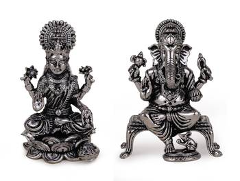 Lord ganesha and devi laxmi oxidised silver plated combo set of 2 idol/murti home and office decorative gifting 1