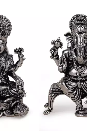 Lord ganesha and devi laxmi oxidised silver plated combo set of 2 idol/murti home and office decorative gifting