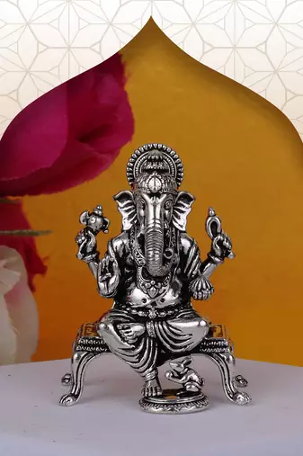 Lord ganesha and devi laxmi oxidised silver plated combo set of 2 idol/murti home and office decorative gifting