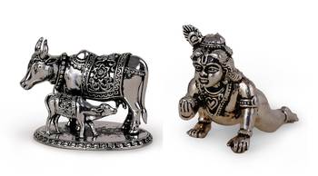 Cow (gaay mata) and lord krishna oxidised silver plated combo set of 2 idol/murti home and office decorative gifting 1