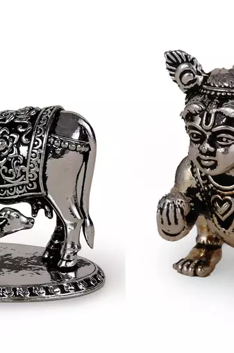 Cow (gaay mata) and lord krishna oxidised silver plated combo set of 2 idol/murti home and office decorative gifting