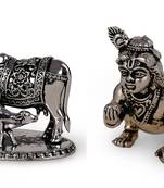 Cow (gaay mata) and lord krishna oxidised silver plated combo set of 2 idol/murti home and office decorative gifting