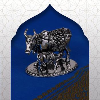 Cow (gaay mata) and lord krishna oxidised silver plated combo set of 2 idol/murti home and office decorative gifting 3