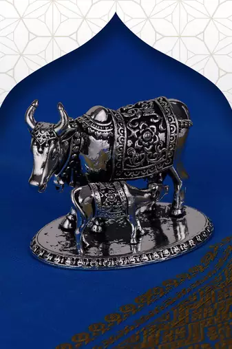 Cow (gaay mata) and lord krishna oxidised silver plated combo set of 2 idol/murti home and office decorative gifting