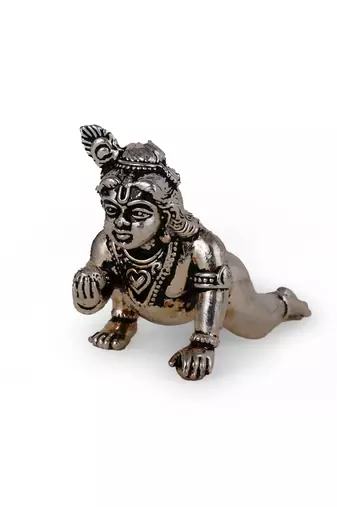 Cow (gaay mata) and lord krishna oxidised silver plated combo set of 2 idol/murti home and office decorative gifting