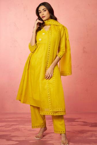 Vastramay womens mustard chanderi anarkali kurta set - diwali festival wear