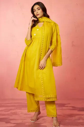 Vastramay womens mustard chanderi anarkali kurta set - diwali festival wear