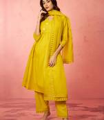 womens mustard chanderi anarkali kurta set - diwali festival wear