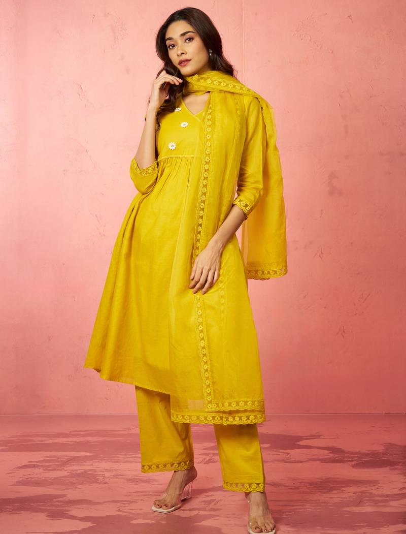 Vastramay womens mustard chanderi anarkali kurta set - diwali festival wear