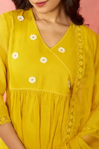 womens mustard chanderi anarkali kurta set - diwali festival wear