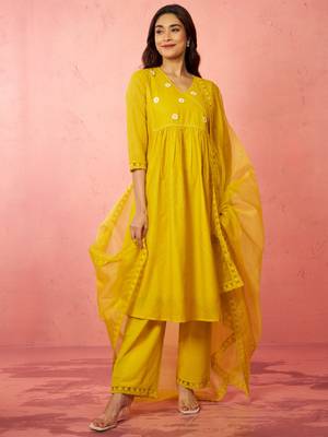 womens mustard chanderi anarkali kurta set - diwali festival wear 3