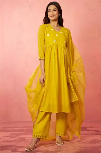 womens mustard chanderi anarkali kurta set - diwali festival wear