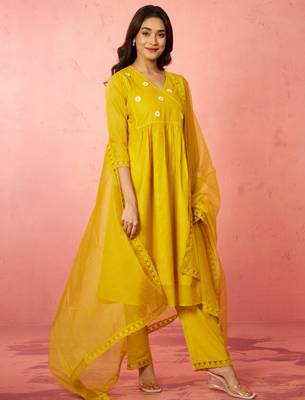 womens mustard chanderi anarkali kurta set - diwali festival wear 4