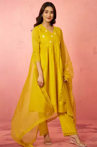 womens mustard chanderi anarkali kurta set - diwali festival wear