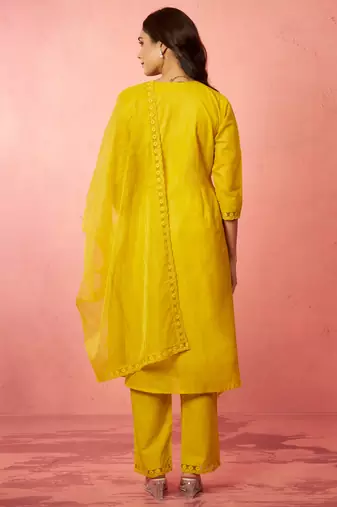 womens mustard chanderi anarkali kurta set - diwali festival wear